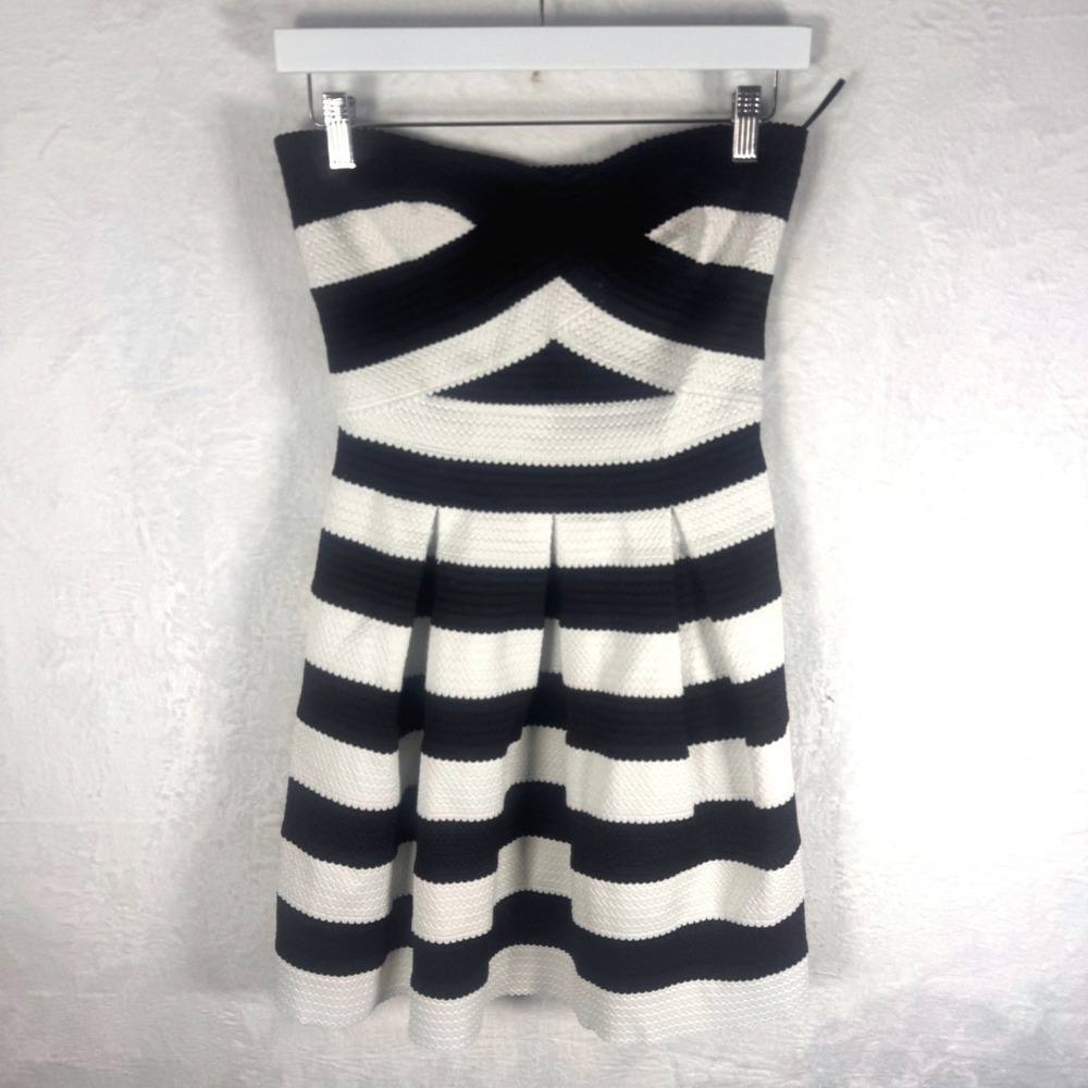 Express Mini Dress Strapless Striped Fit And Flare Medium Black White Womens